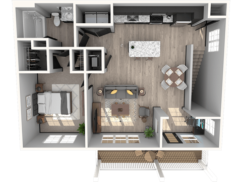 Floor plan for 1 bed, 1 bath, 938 sqft
